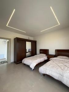 a bedroom with two beds and a largeangularomaly at Olives Hill Farm in Al Kufayr +21 photos