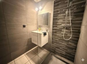 a bathroom with a sink and a shower at Le Domi Hyper Centre Proche Cols Stations in Saint-Jean-de-Maurienne +21 photos