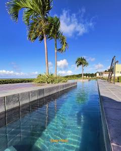 a swimming pool with palm trees and a slide at Flats Unity Cabo Branco - By EasyHost in João Pessoa