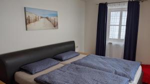 a bedroom with a bed with blue pillows and a window at Ferienwohnung Abel in Heideck