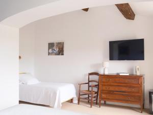 a bedroom with a bed and a dresser and a tv at Hôtel La Figuière in Saint-Tropez