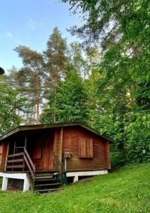 a wooden cabin with a staircase in a field at Domki Dębrzyno in Juszki +4 photos