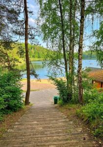 a path leading to a lake with a bench at Domki Dębrzyno in Juszki