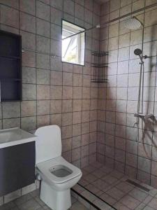 a bathroom with a toilet and a shower and a window at Mari's Villa in Batumi