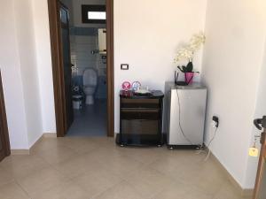 a bathroom with a small refrigerator and a toilet at House of Leaves in Berat +7 photos