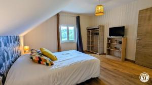 a bedroom with a bed and a television in it at Clos de Vellerot in Saint-Pierre-en-Vaux