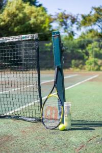 a tennis racket and balls on a tennis court at Woods Meadow Glamping in West Malling
