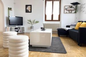 a living room with a couch and a tv at The Dutt's cocoon spacious and charming T3 in Duttlenheim