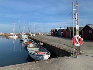 a group of boats are docked at a dock at Charmig stuga i Abbekås in Abbekås +6 photos