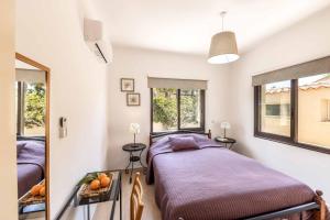 a bedroom with a bed and a mirror and windows at Villa Sea Side in Polis Chrysochous +12 photos
