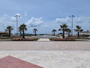 a park with palm trees and a pool with benches at Il Centro in Camaiore