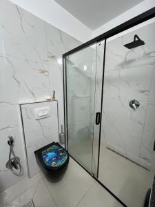 a bathroom with a glass shower and a toilet at Lake Apartment in Sauk +34 photos