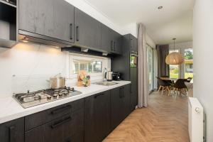 a kitchen with black cabinets and a dining room at Vakantiepark Buitenplaats Holten in Rijssen