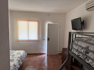 a bedroom with a bed and a television and a window at Camping Riba-roja in Riba-roja d'Ebre