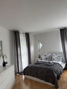 a bedroom with a bed and a large window at Gemütliche Ferienwohnung in Sigmaringen in Sigmaringen