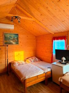 a bedroom with a bed in a wooden room at Noclegi u Lucyny in Chęciny