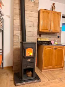 a stove in the middle of a kitchen at Noclegi u Lucyny in Chęciny