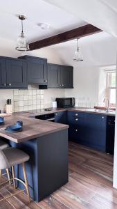 a kitchen with blue cabinets and a wooden floor at Patricks Thatch Cottage in Oranmore
