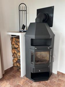 a black stove with a fireplace in a room at Ubytování u Kotrbů in Suchdol nad Lužnicí