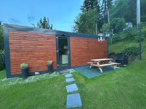 a wooden cabin with a picnic table and a bench at Tiny Cozia Caciulata in Caciulata