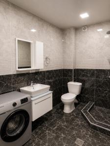 a bathroom with a washing machine and a toilet at Thela Apartment in Telavi