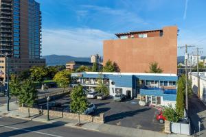 an aerial view of a parking lot in a city at Resort City Inn Coeur d Alene in Coeur d'Alene