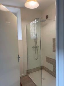 a shower with a glass door in a bathroom at Maison Oria in Souvigny +4 photos