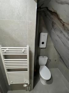 a bathroom with a toilet and a paper dispenser at Panorama Residence Apartments in Kumanovo