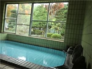 雫石町的住宿－榮彌溫泉民宿，一个带窗户的房间,有一个大型游泳池