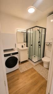 a bathroom with a shower and a sink and a toilet at Appartement JM in Cherbourg en Cotentin