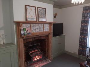 a living room with a fireplace and a tv at Quirky hideout in town centre in Wimborne Minster