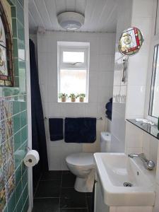 a bathroom with a toilet and a sink and a window at Quirky hideout in town centre in Wimborne Minster +15 photos