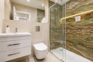 a bathroom with a toilet and a shower at The Orpington View in Orpington