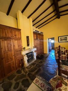 a living room with a fireplace and wooden cabinets at Herdade Do Vale Coelheiro in Toulões