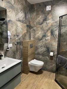 a bathroom with a toilet and a sink at Apartamenty Riverside Lębork in Lębork +14 photos
