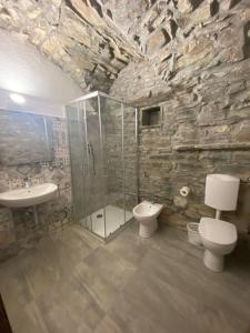a stone bathroom with a shower and a toilet and a sink at La Antica Torre in Sasseta +24 photos