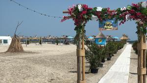 a row of poles with flowers on a beach at Vila Siena in Sulina