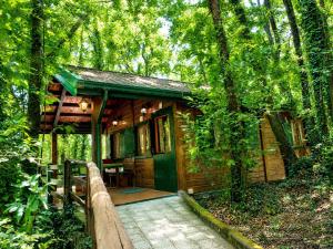 a log cabin in the woods with a wooden walkway at CHALET ETNA MILO in Milo