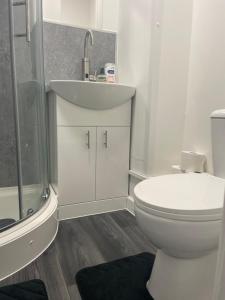 a bathroom with a toilet and a sink and a shower at Jayden house in Middlesbrough
