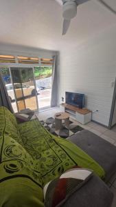 a bedroom with a bed with a green comforter and a television at Villa El Gato in Bouillante