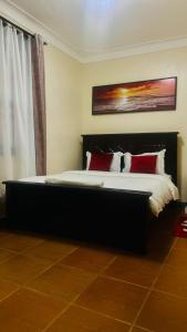 a bedroom with a large bed with red pillows at Robchen homes in Entebbe