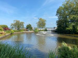 a pond with a fountain in a park at Ferienwohnung Janni in Bad Zwischenahn
