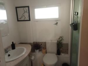 a bathroom with a toilet and a sink and a window at Villa René in Lacanau