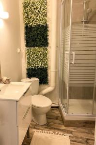 a bathroom with a toilet and a glass shower at Le Minimaliste Chic in Montbrison