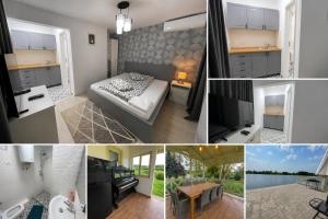 a collage of photos of a bedroom and a bathroom at LAGUNA VERDE Balotesti in Baloteşti