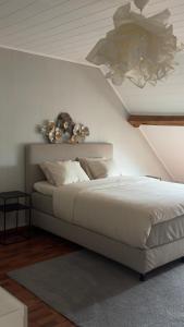 a bedroom with a large bed with a ceiling at Countryside house by Pairi Daiza in Silly