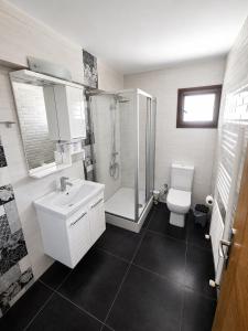 a bathroom with a sink and a shower and a toilet at Bellapais Stone Villa in Kyrenia +8 photos