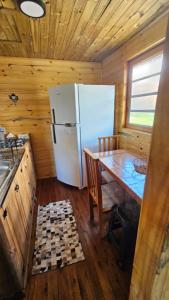 a kitchen with a refrigerator and a table in a cabin at Cabana Família Lima in Urubici