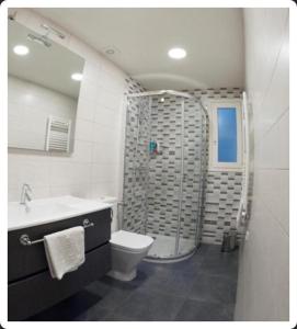 a bathroom with a shower and a toilet and a sink at Apartament Balcó in Sant Quirze de Besora