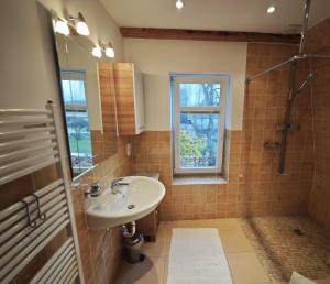 a bathroom with a sink and a shower at Trentsee Chalet in Malente +10 photos